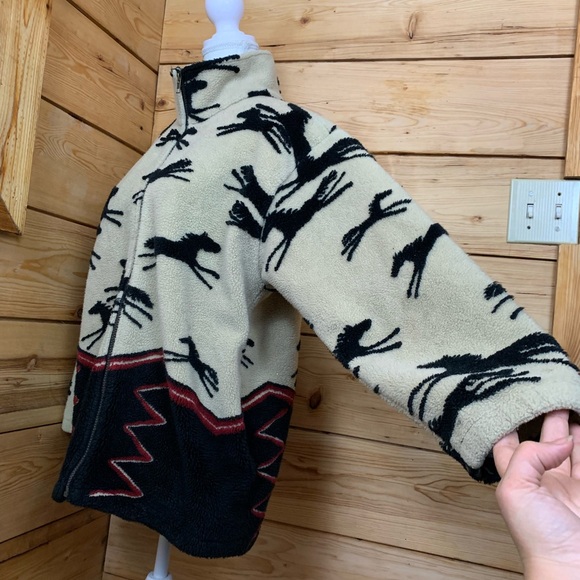 Fleece Black Cream Horse Patterned Teddy Jacket Aztec Equestrian Women's Medium - Picture 3 of 7